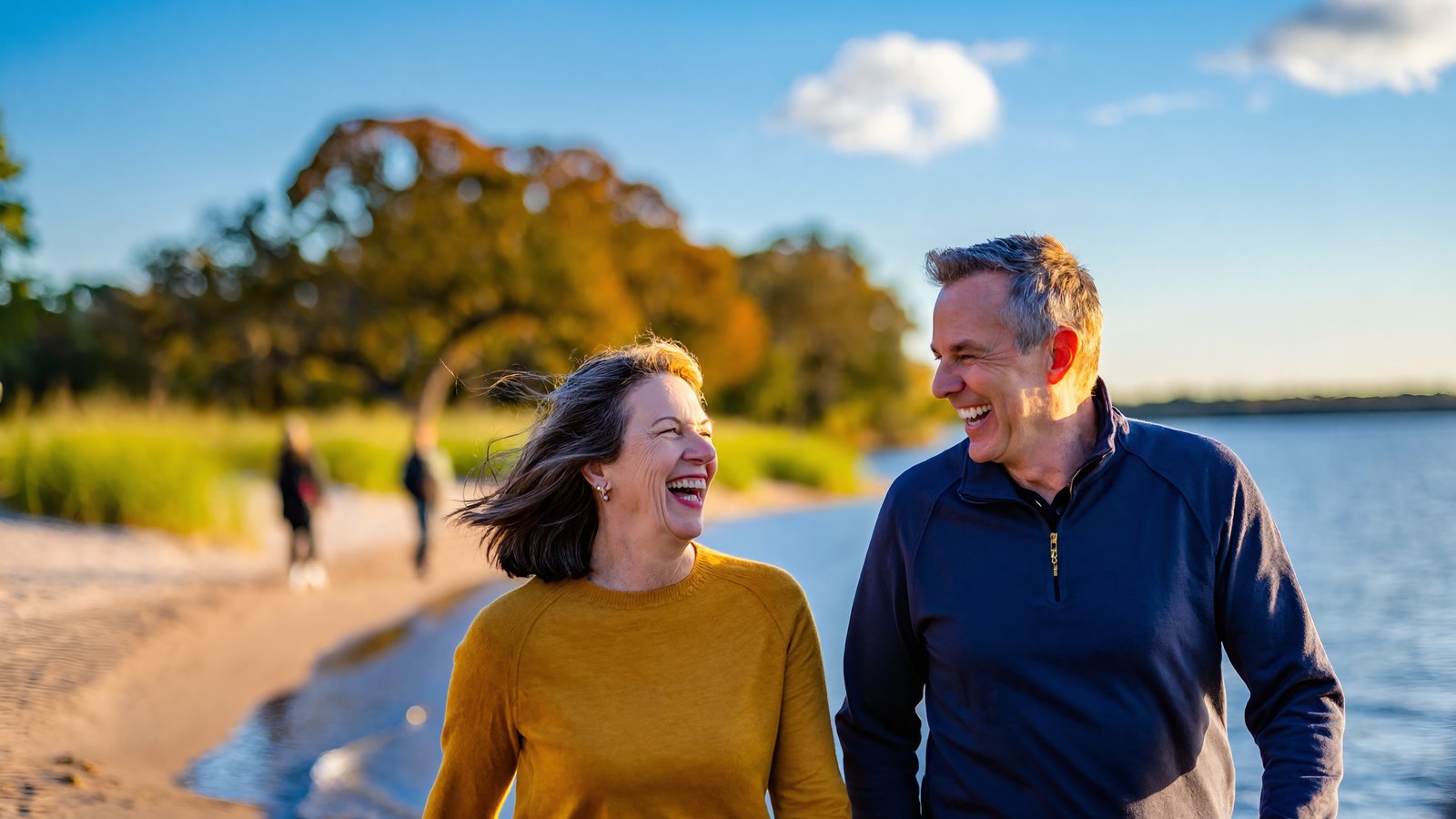 Couple laughing as they walk a sandy lakeshore on a sunny fall afternoon
