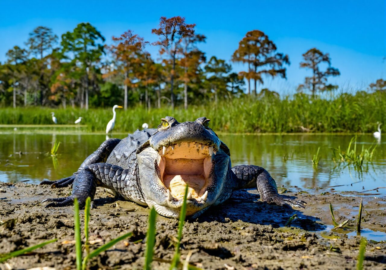 Large American alligator basking with its jaws wide open on a muddy bank as egrets wade nearby in Louisiana