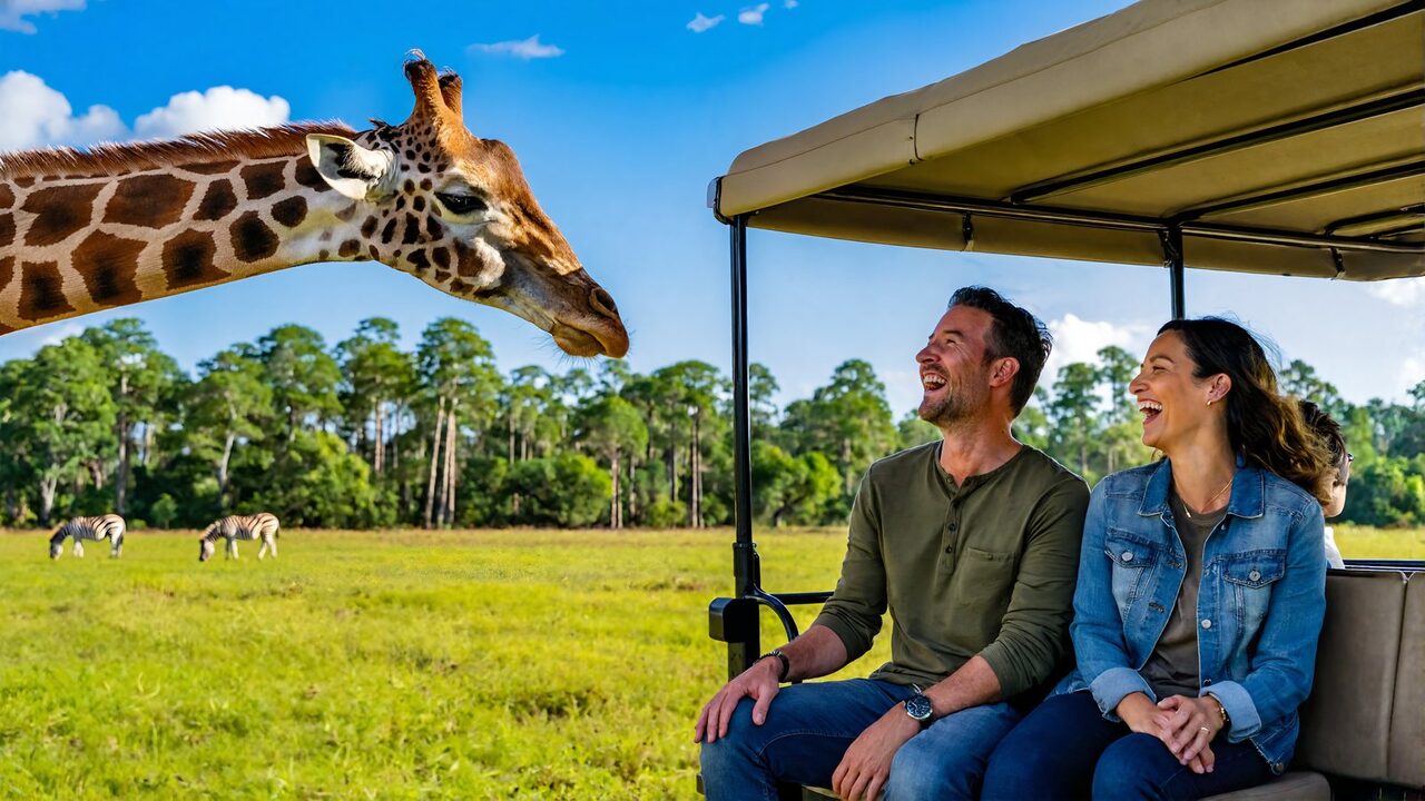 A man and a woman laughing as a giraffe leans toward their open-air safari vehicle on a Louisiana wildlife preserve tour, with zebras grazing in the pasture