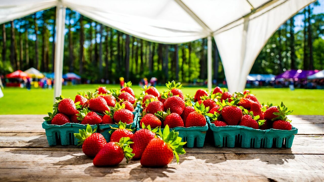 Pint baskets of fresh strawberries on a wooden table at an outdoor strawberry festival farm stand
